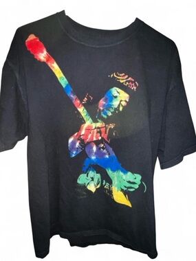 Vintage Jimi Hendrix Black Graphic Tee with Rainbow Guitar Player Sz L